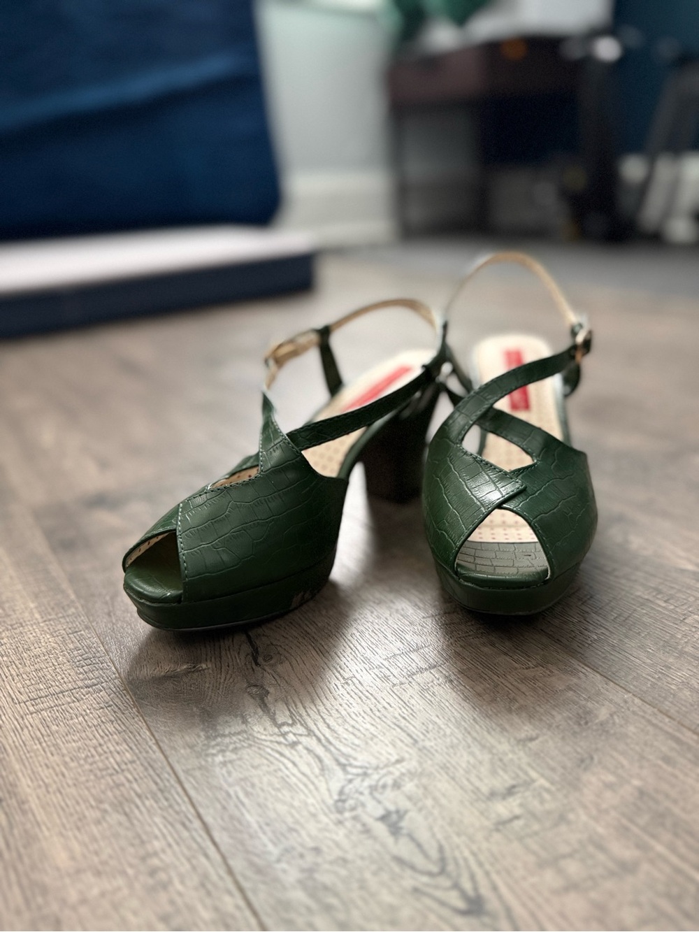 Dark Green Croc-Embossed Open-Toe Slingback Heels